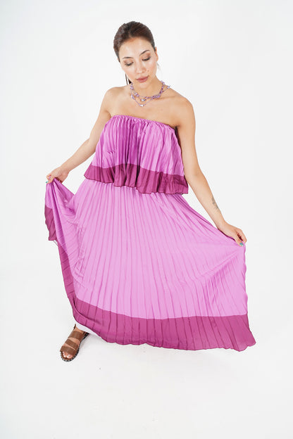 Elegant Pleated Strapless Floor-Length Evening Gown in Pink