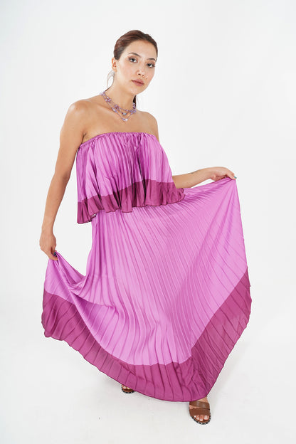 Elegant Pleated Strapless Floor-Length Evening Gown in Pink