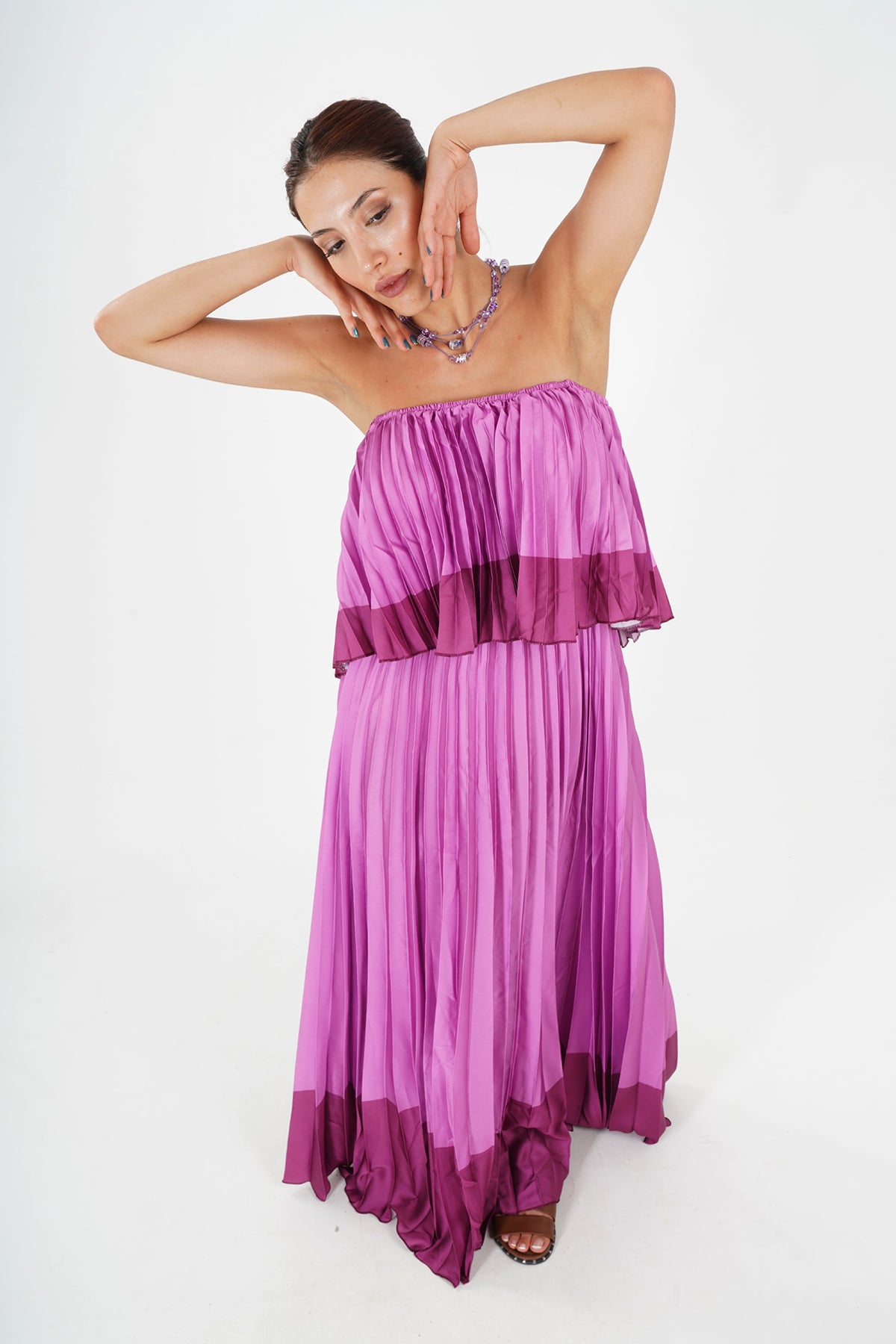 Elegant Pleated Strapless Floor-Length Evening Gown in Pink