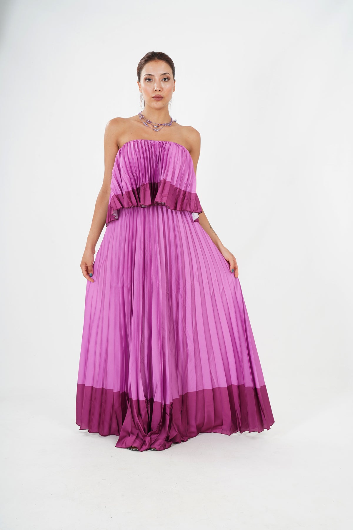 Elegant Pleated Strapless Floor-Length Evening Gown in Pink