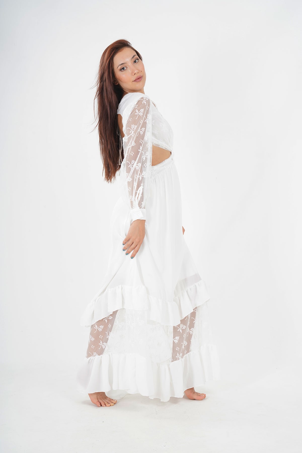 Bohemian White Lace Detailed Maxi Dress with Tie-Front Closure