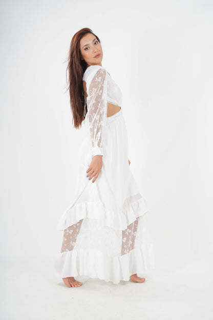 Bohemian White Lace Detailed Maxi Dress with Tie-Front Closure