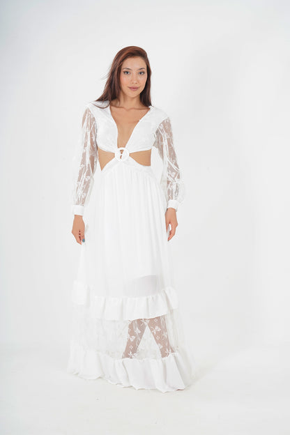 Bohemian White Lace Detailed Maxi Dress with Tie-Front Closure