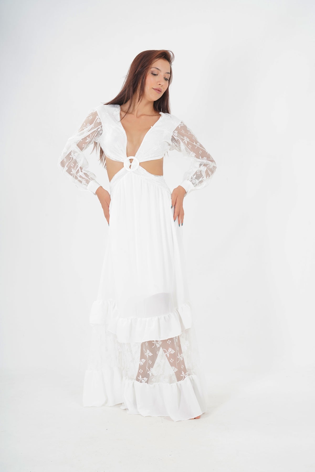 Bohemian White Lace Detailed Maxi Dress with Tie-Front Closure