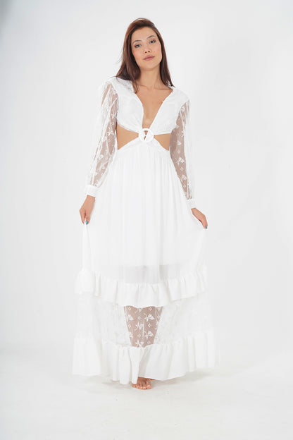 Bohemian White Lace Detailed Maxi Dress with Tie-Front Closure