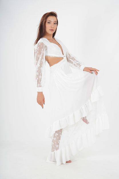 Bohemian White Lace Detailed Maxi Dress with Tie-Front Closure