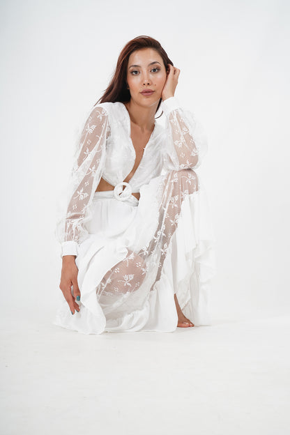 Bohemian White Lace Detailed Maxi Dress with Tie-Front Closure