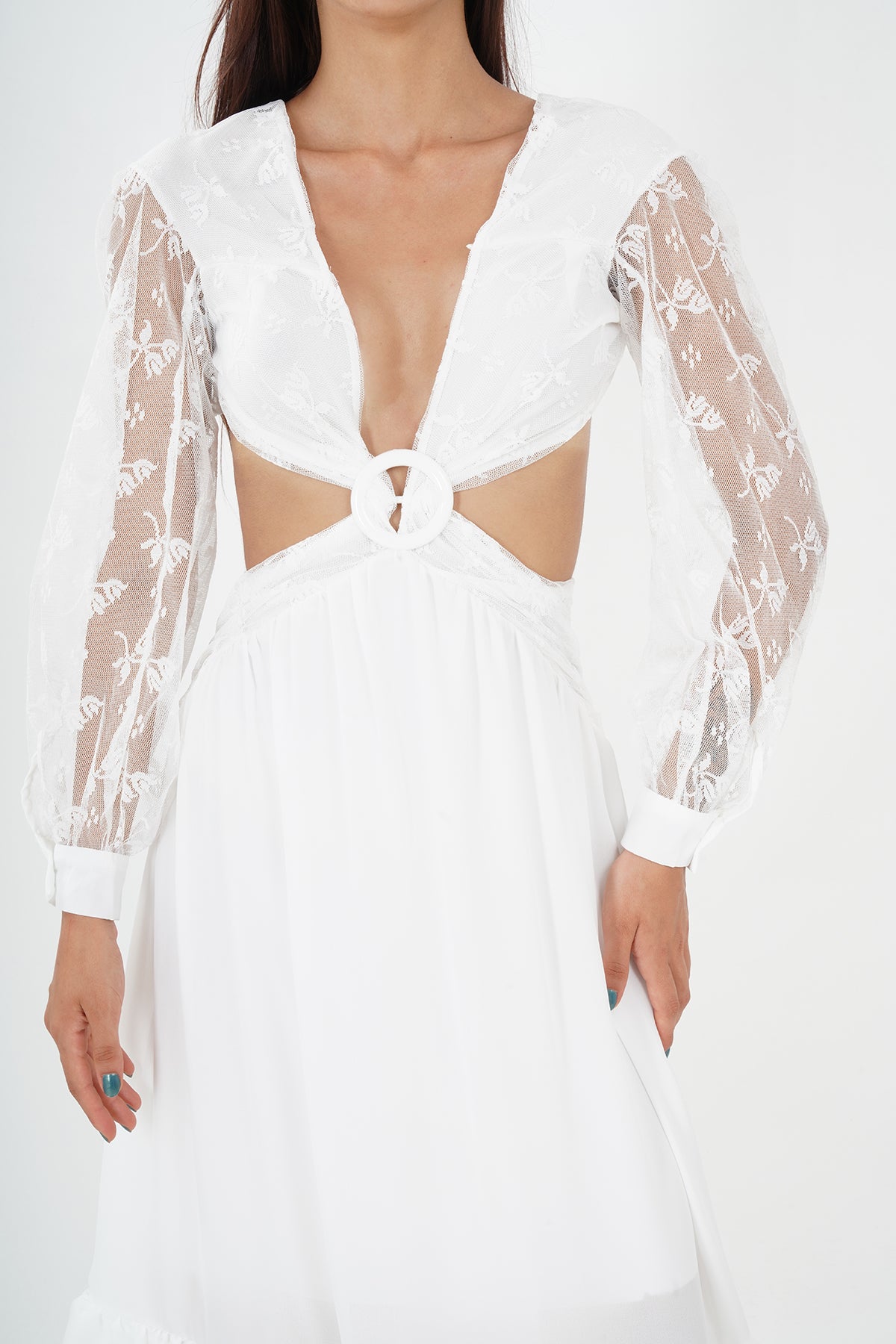 Bohemian White Lace Detailed Maxi Dress with Tie-Front Closure