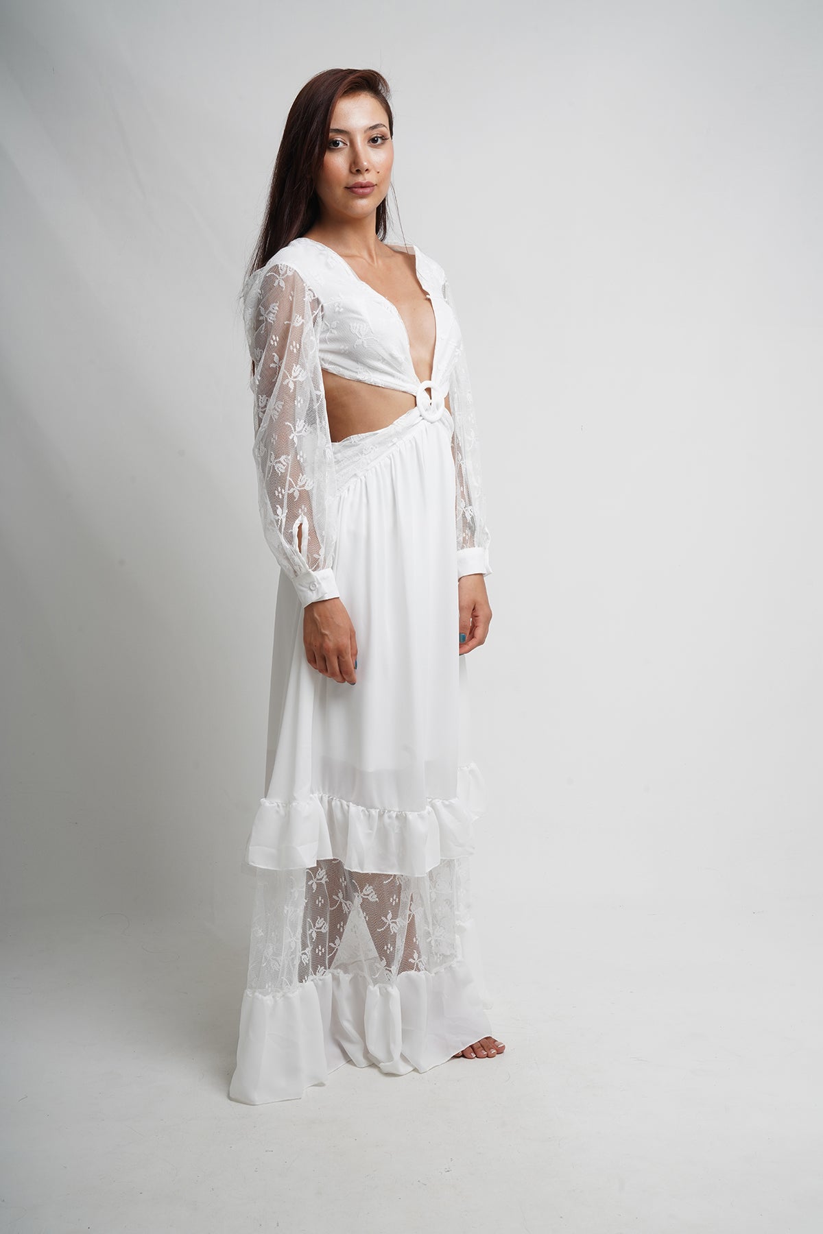 Bohemian White Lace Detailed Maxi Dress with Tie-Front Closure