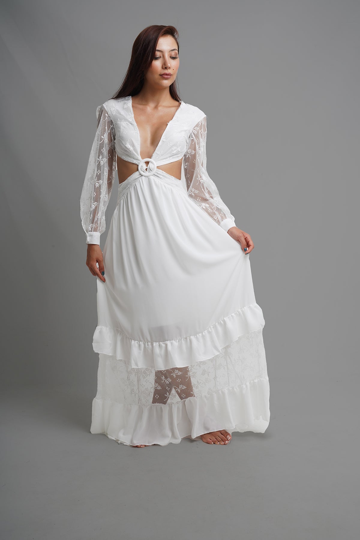 Bohemian White Lace Detailed Maxi Dress with Tie-Front Closure