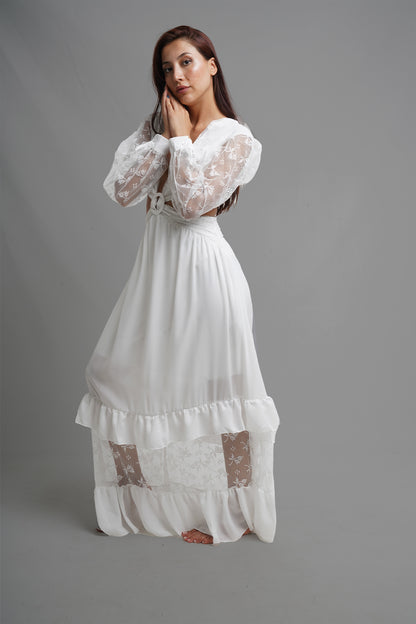 Bohemian White Lace Detailed Maxi Dress with Tie-Front Closure