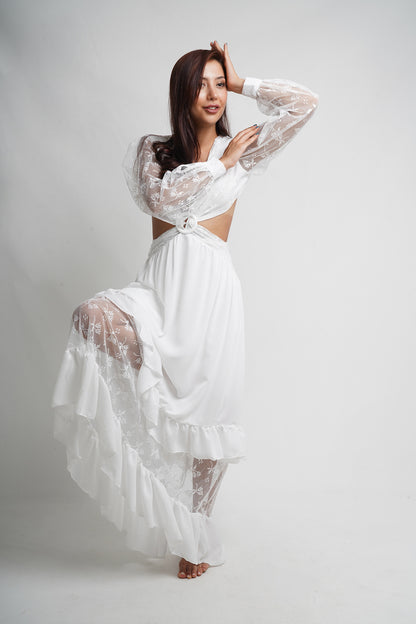 Bohemian White Lace Detailed Maxi Dress with Tie-Front Closure