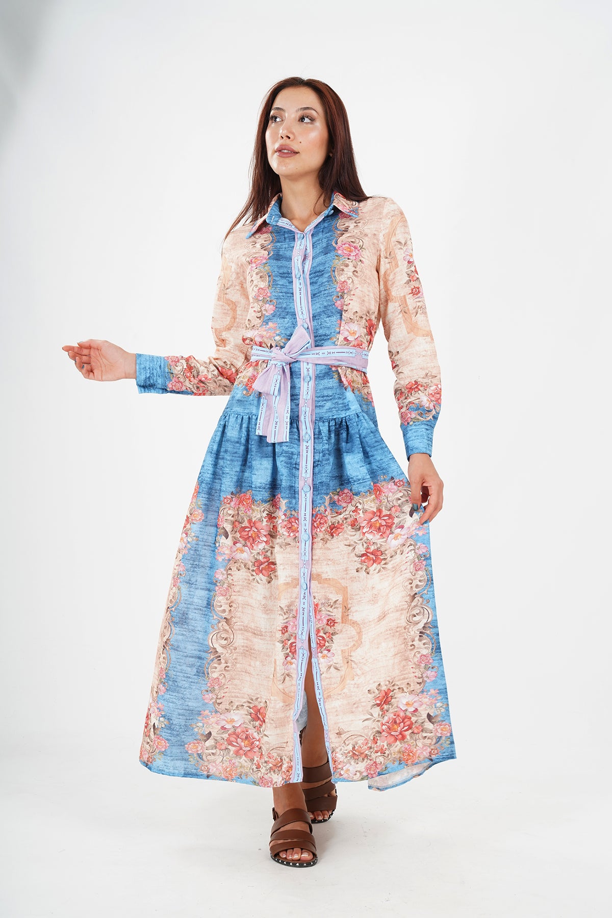 Floral Print Button-Up Midi Dress with Blue Accents