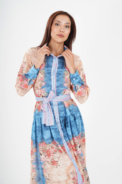 Floral Print Button-Up Midi Dress with Blue Accents