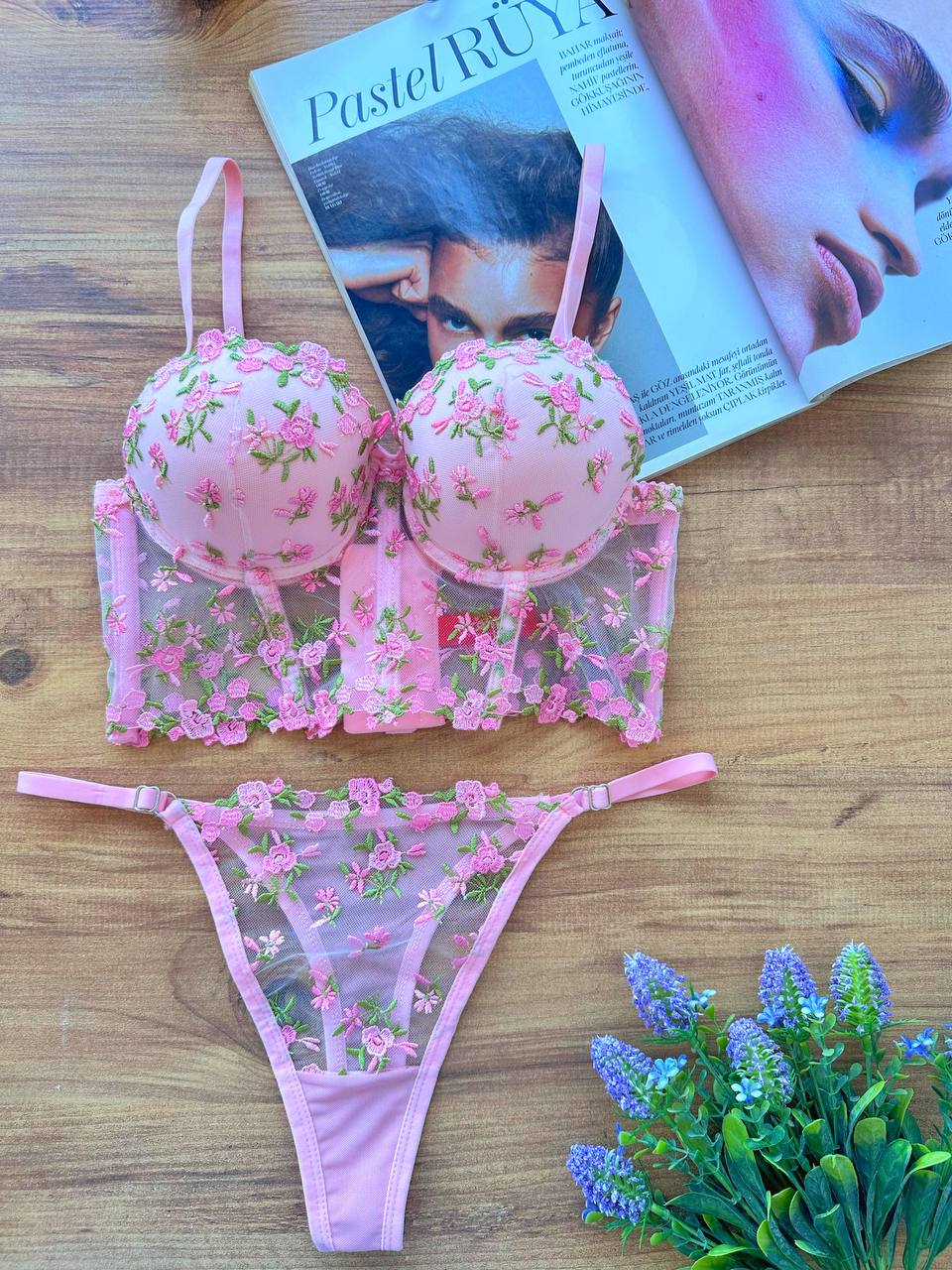 Pembe Push Up Büstiyer Takım 3
