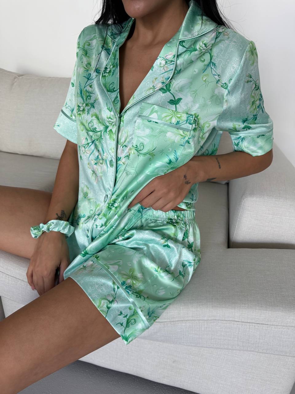 Turkuaz Saten Pijama Takımı 3