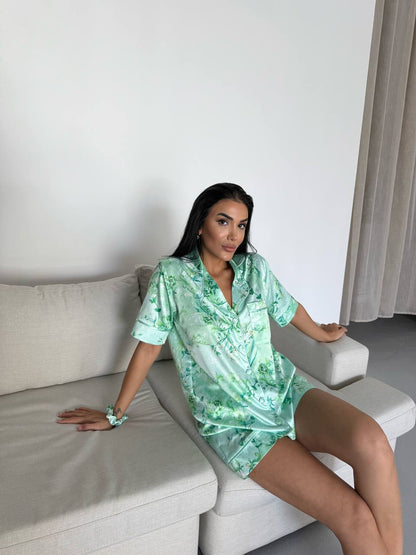 Turkuaz Saten Pijama Takımı 4
