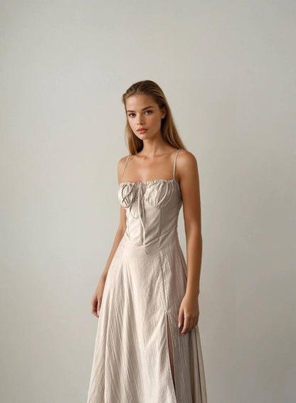 Bej Yüksek Yırtmaçlı Korse Detaylı Elbise - Modaludo