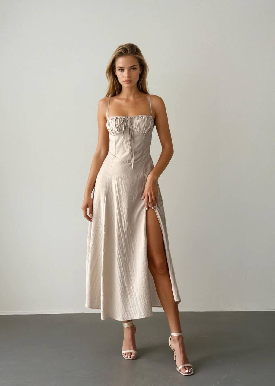 Bej Yüksek Yırtmaçlı Korse Detaylı Elbise - Modaludo