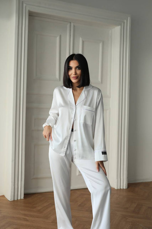 Beyaz İpek Saten Pijama Takımı - Modaludo