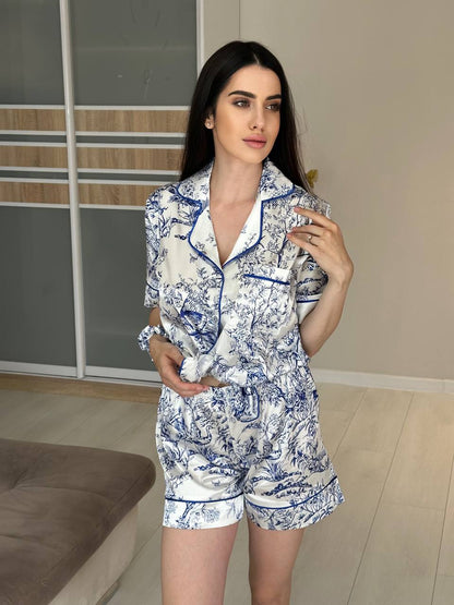Beyaz Mavi Desenli Saten Pijama Takımı - Modaludo