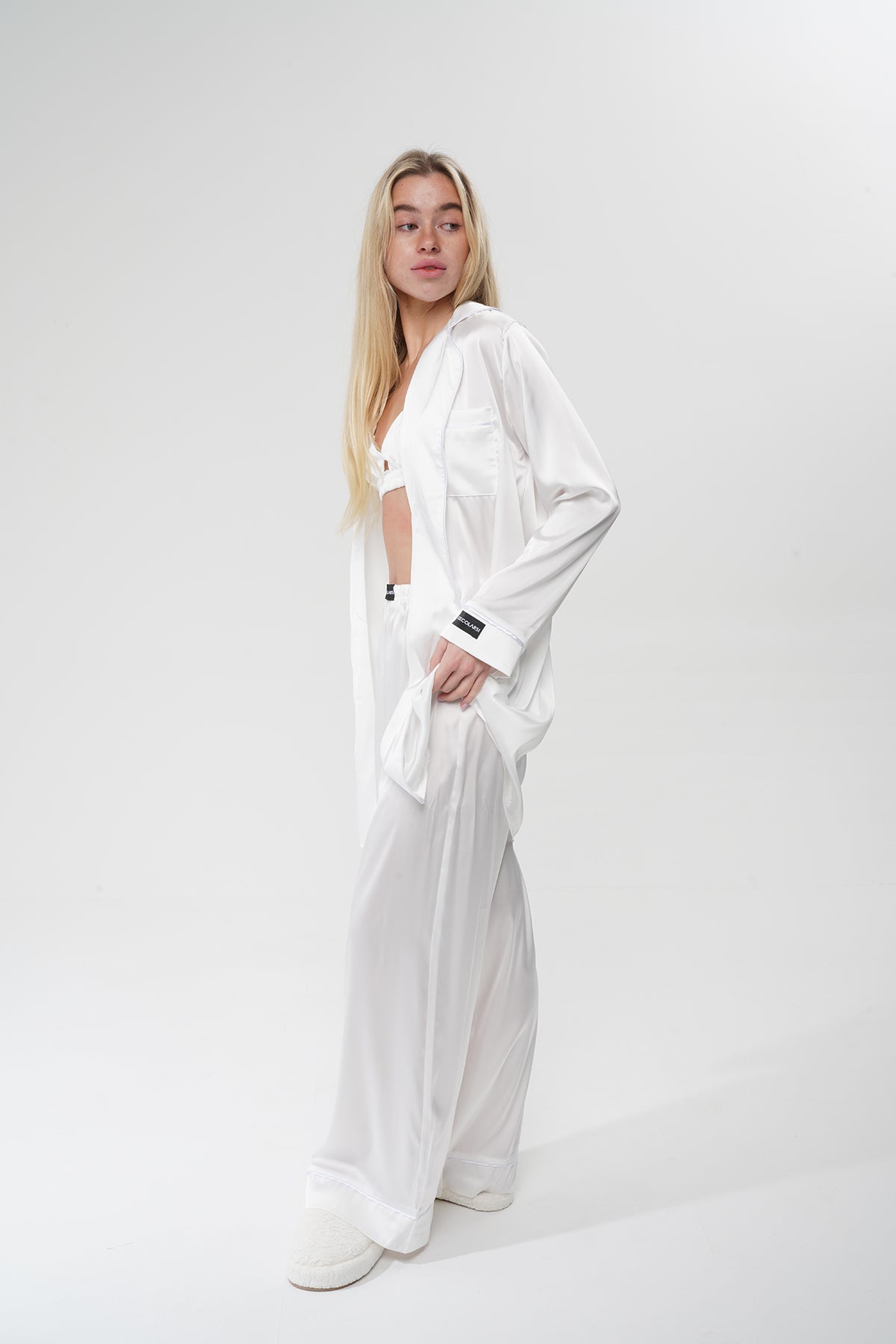 Beyaz Üçlü Saten Pijama Takımı | COCOLARSİ - Modaludo