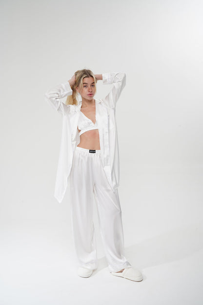 Beyaz Üçlü Saten Pijama Takımı | COCOLARSİ - Modaludo