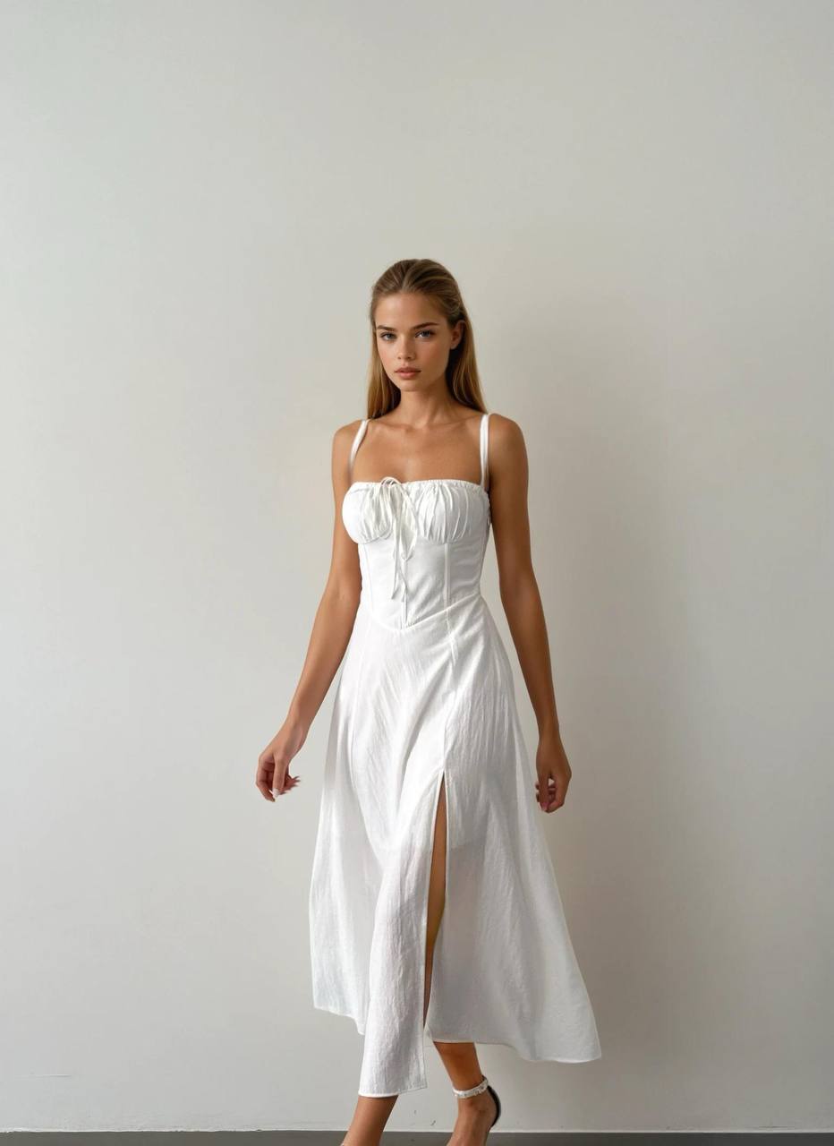 Beyaz Yüksek Yırtmaçlı Korse Detaylı Elbise - Modaludo