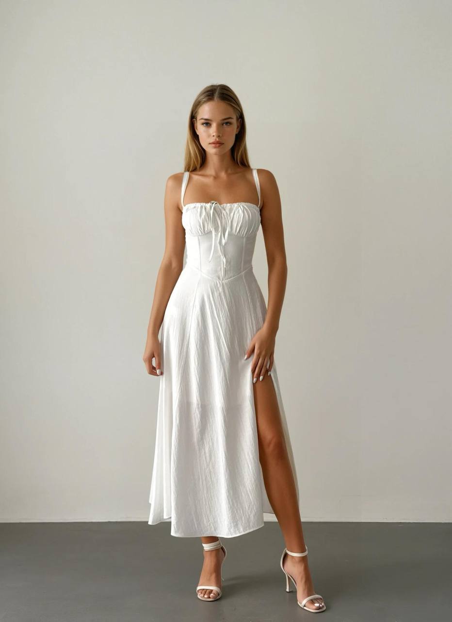 Beyaz Yüksek Yırtmaçlı Korse Detaylı Elbise - Modaludo