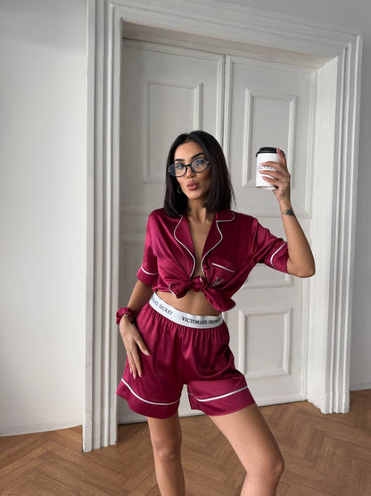 Bordo Saten Şortlu Kadın Pijama Takımı - Victoria's Secret - Modaludo