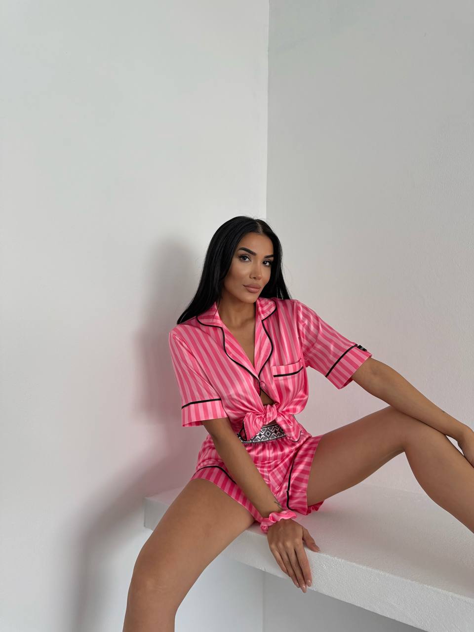 Çizgili Pembe Saten Pijama Takımı | COCOLARSİ - Modaludo