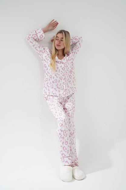 Desenli Beyaz Saten Pijama Takımı | COCOLARSİ - Modaludo