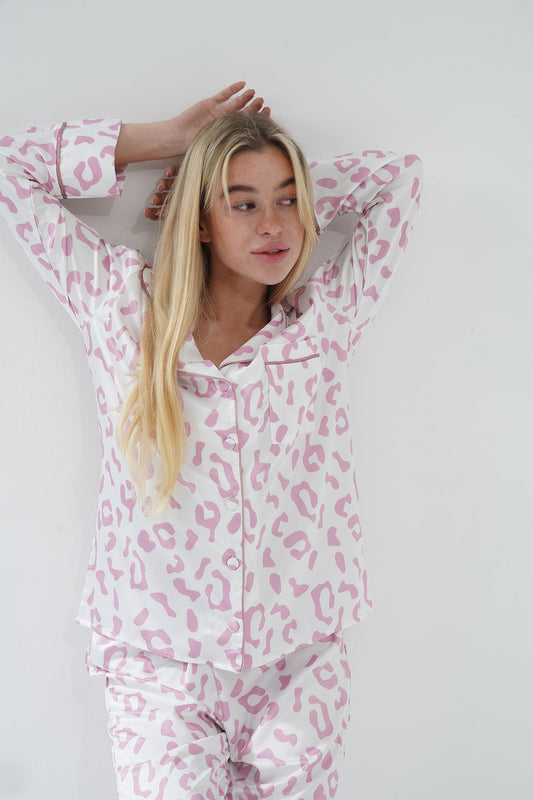 Desenli Beyaz Saten Pijama Takımı | COCOLARSİ - Modaludo