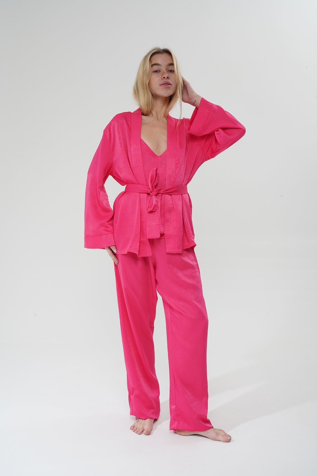Fuşya Viskon Üçlü Pijama Takımı | MODALUDO - Modaludo