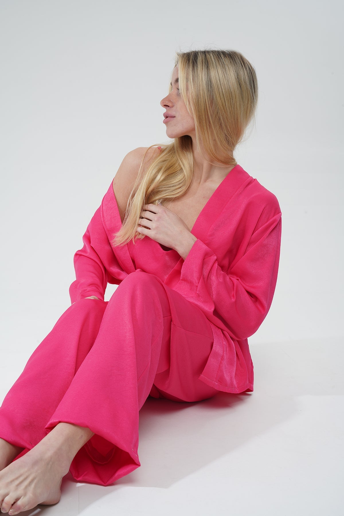 Fuşya Viskon Üçlü Pijama Takımı | MODALUDO - Modaludo