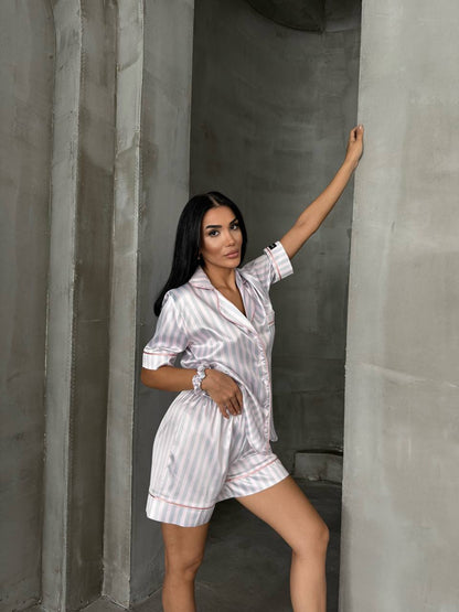 Çizgili Pudra Saten Pijama 3