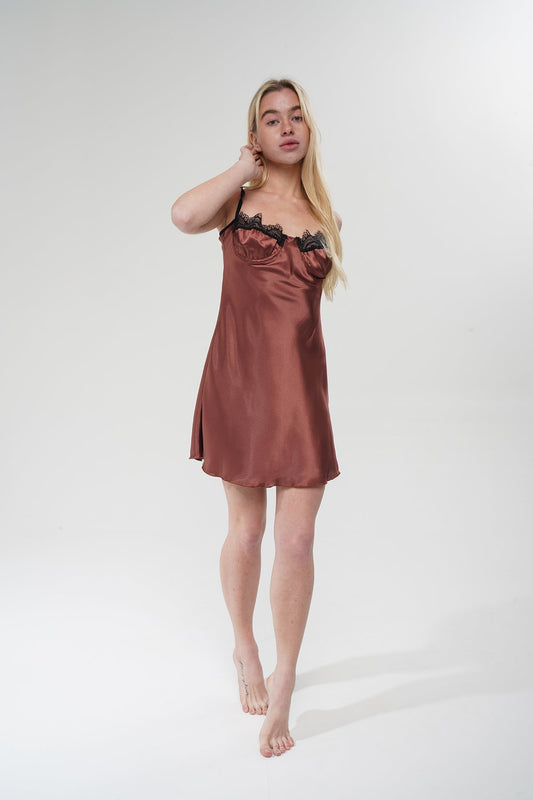 Kahverengi Saten Gecelik - Modaludo