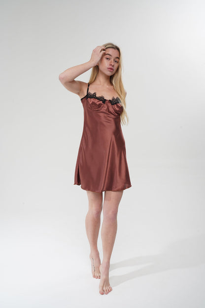 Kahverengi Saten Gecelik - Modaludo