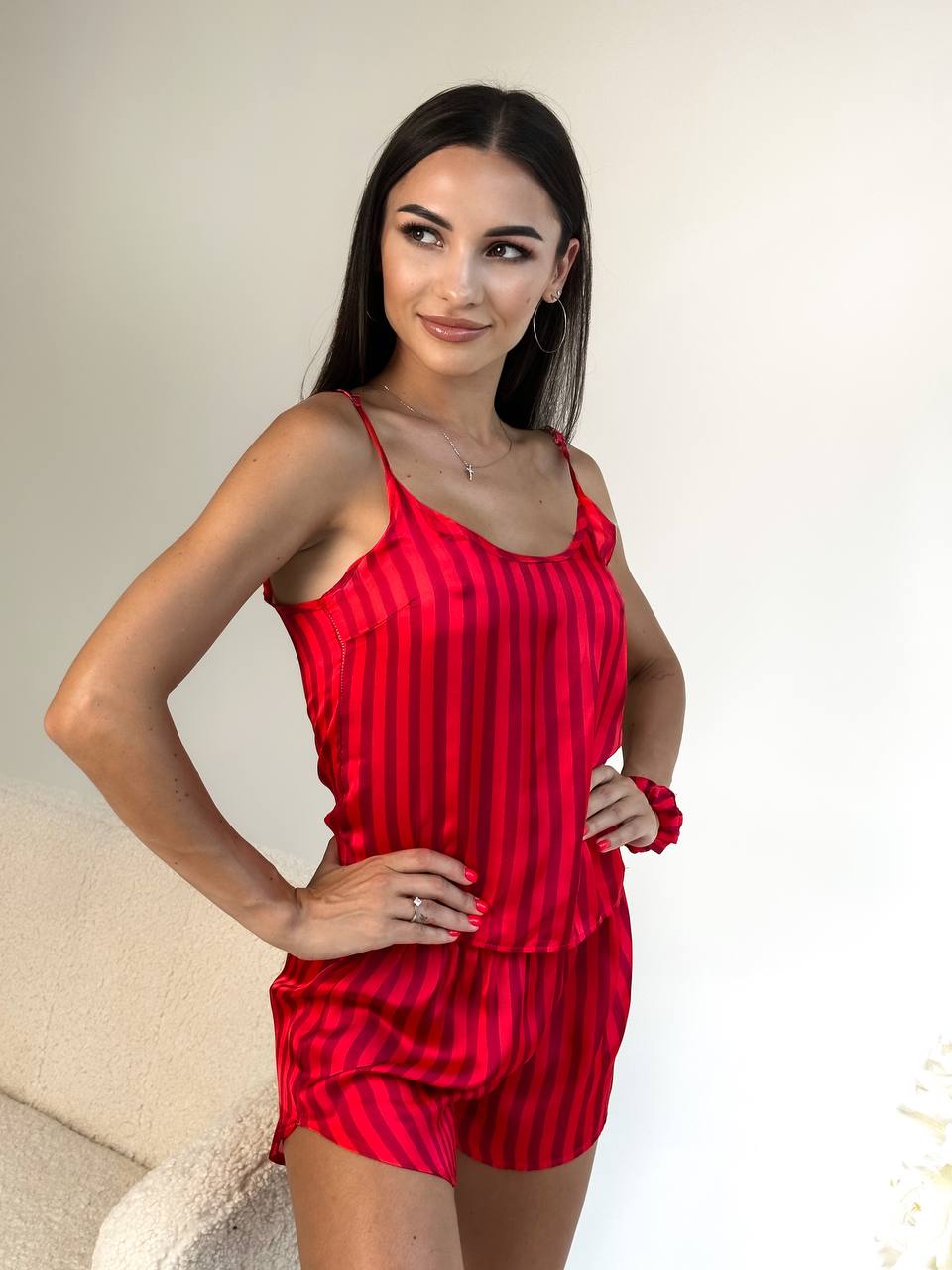 Kırmızı Çizgili Saten Pijama Takımı | COCOLARSİ - Modaludo