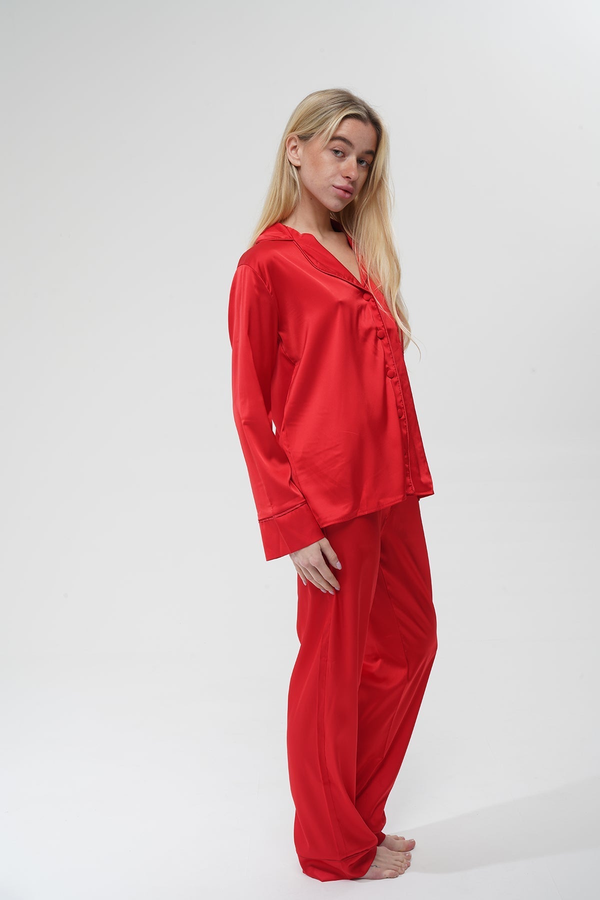 Kırmızı İpek Saten Pijama Takımı | COCOLARSİ - Modaludo