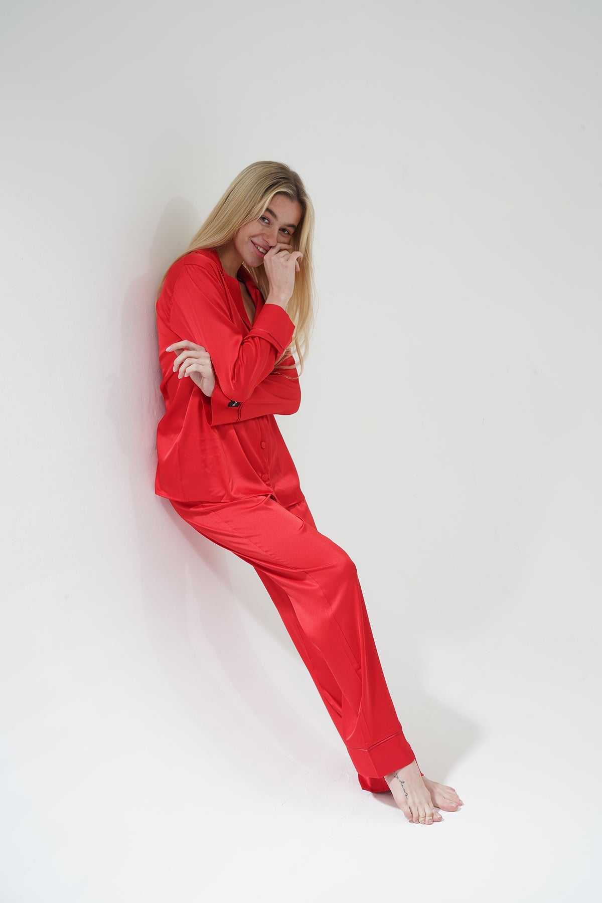 Kırmızı İpek Saten Pijama Takımı | COCOLARSİ - Modaludo
