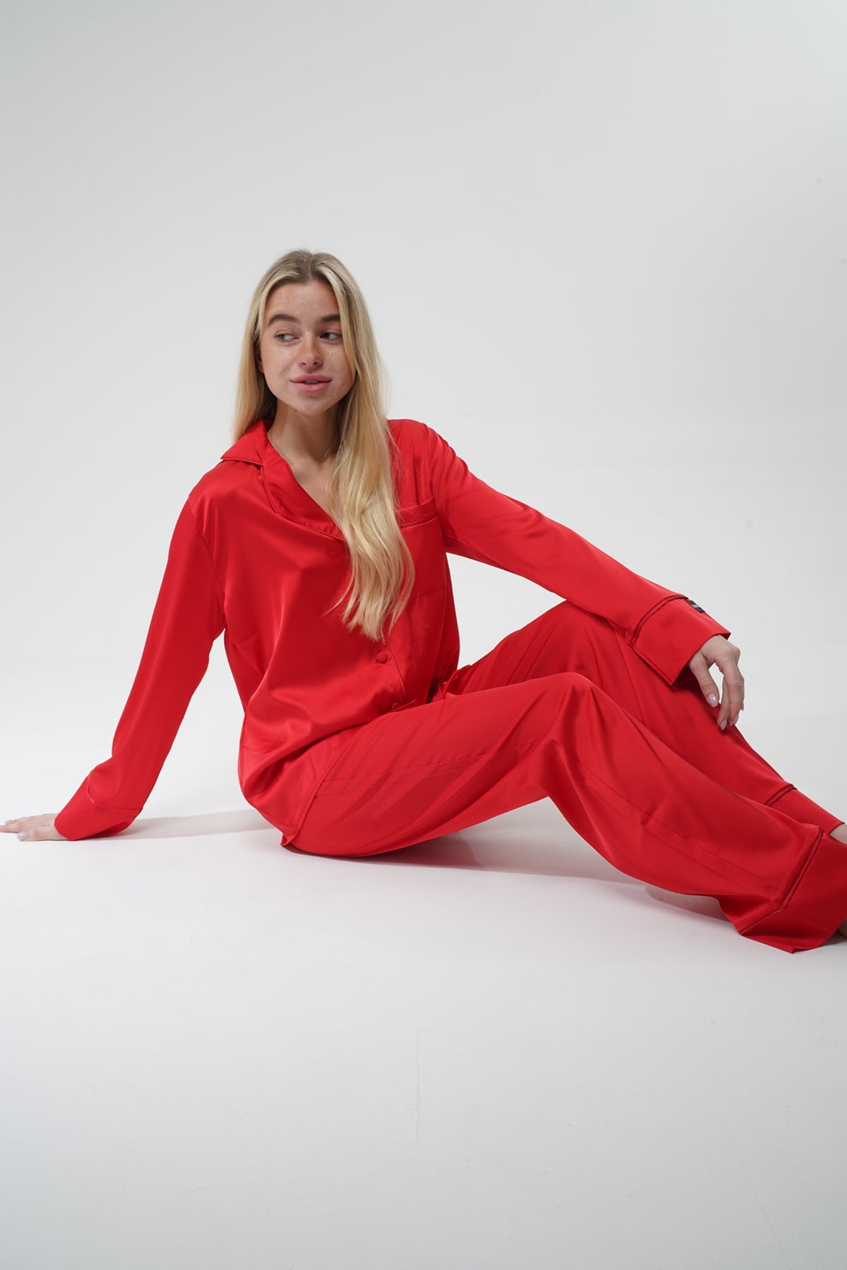 Kırmızı İpek Saten Pijama Takımı | COCOLARSİ - Modaludo