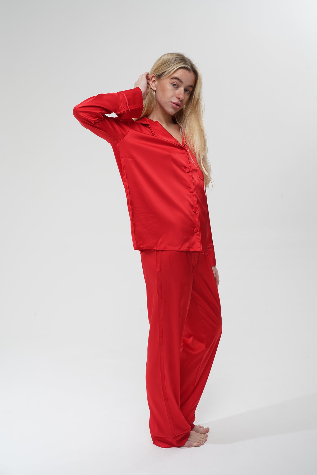 Kırmızı İpek Saten Pijama Takımı | COCOLARSİ - Modaludo