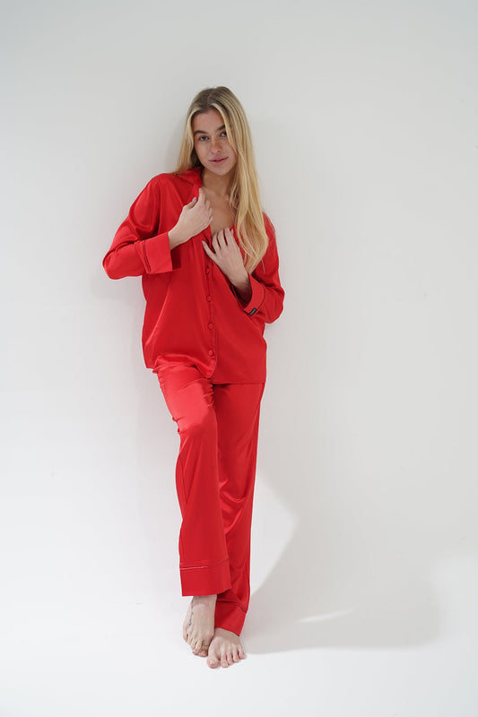 Kırmızı İpek Saten Pijama Takımı | COCOLARSİ - Modaludo