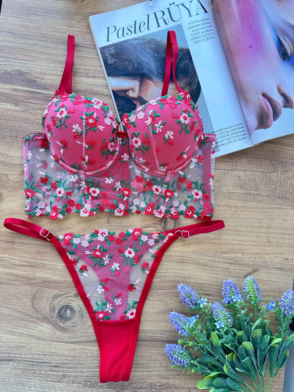 Kırmızı Push Up Büstiyer Takım - Modaludo