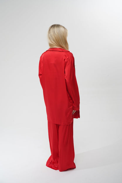 Kırmızı Saten Üçlü Pijama Takım | COCOLARSİ - Modaludo