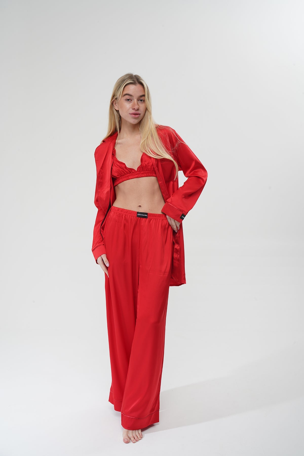 Kırmızı Saten Üçlü Pijama Takım | COCOLARSİ - Modaludo