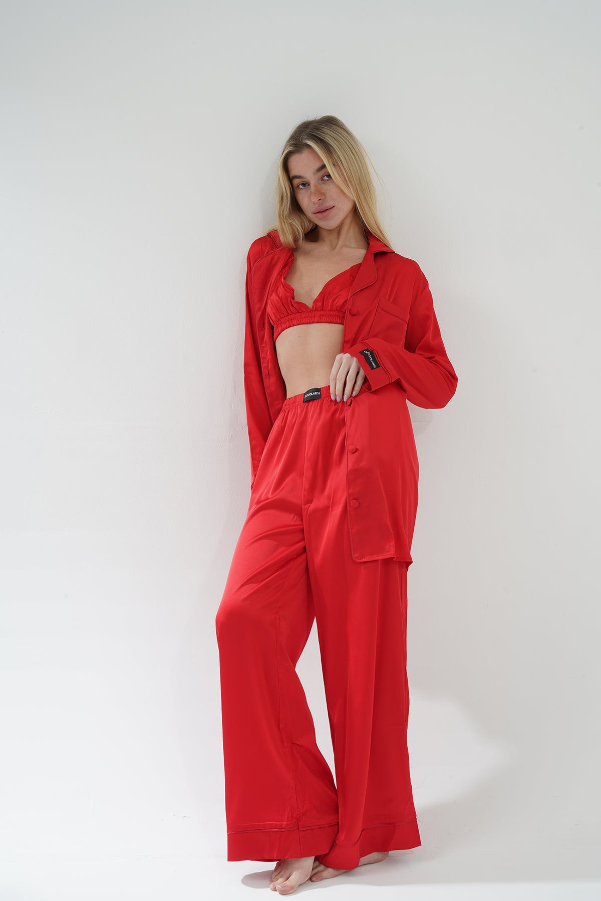 Kırmızı Saten Üçlü Pijama Takım | COCOLARSİ - Modaludo