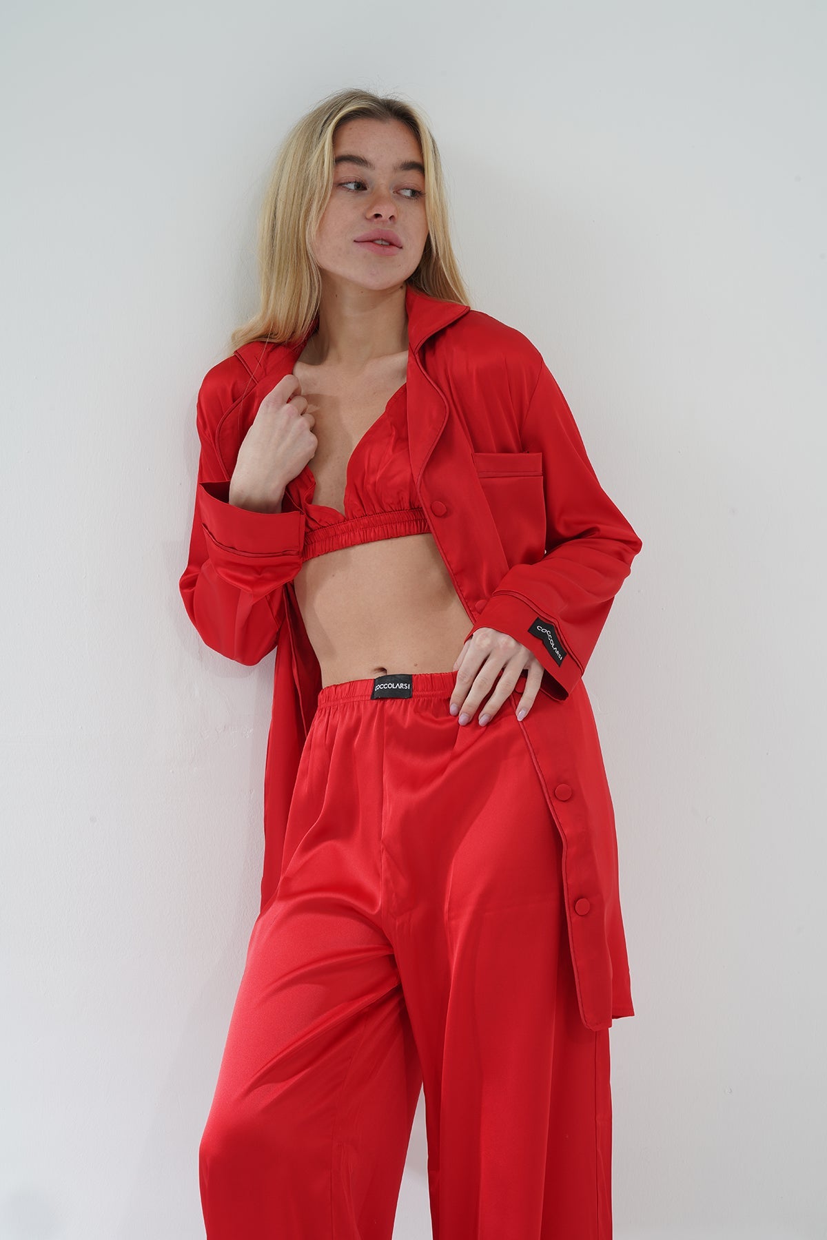 Kırmızı Saten Üçlü Pijama Takım | COCOLARSİ - Modaludo