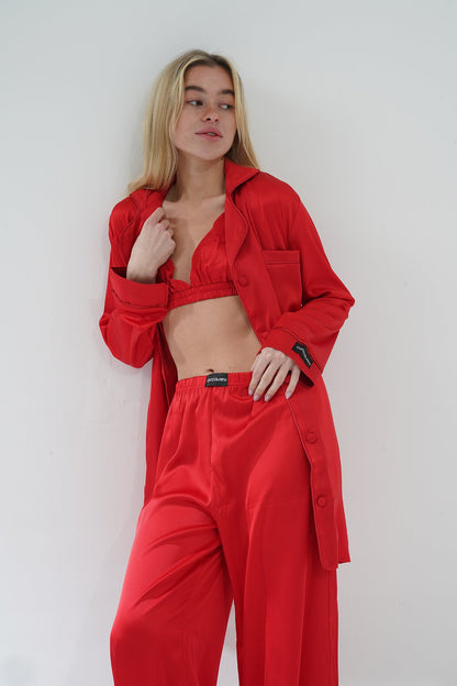 Kırmızı Saten Üçlü Pijama Takım | COCOLARSİ - Modaludo